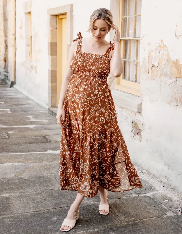 Maternity Dresses with Relaxed Fit -Lilliana Maternity Maxi Dress in Brown Paisley Print Maternity Dresses with Relaxed Fit -Lilliana Maternity Maxi Dress in Brown Paisley Print