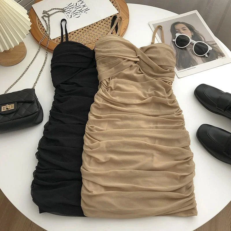 Women's Bodycon Dress with Wraparound Design -Limba Ruched Mini Bodycon Mesh Dress