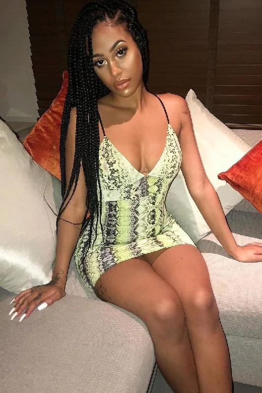 Sexy Bodycon Dress -Lime Green Snake Print Strappy Plunge Bodycon Dress - Gilia