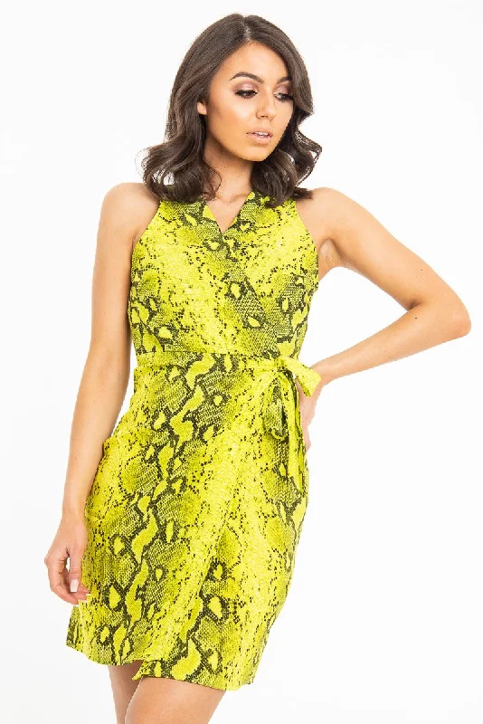 Satin Wrap Dress for New Year's Eve -Wrap Dress for Casual Day Out -Lime Snake Print Wrap Tie Front Sleeveless Dress - Jayde Satin Wrap Dress for New Year's Eve -Wrap Dress for Casual Day Out -Lime Snake Print Wrap Tie Front Sleeveless Dress - Jayde