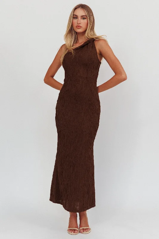 Women's Pleated Floral Maxi Dress-Lingering Love One-Shoulder Twist Maxi Dress Chocolate