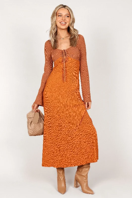 Women's Relaxed Fit Maxi Dress-Lirique Long Sleeve Maxi Dress - Tan/Orange
