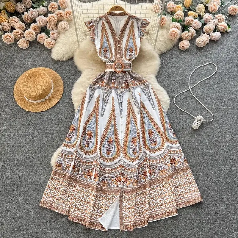 Women's Open-back Ruffle Maxi Dress-Lizba Vintage Statement Maxi Dress