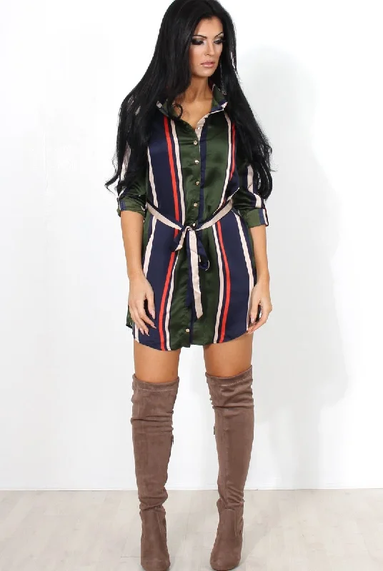 Stylish Work Shirt Dress-Lizzy Khaki Striped Shirt Dress