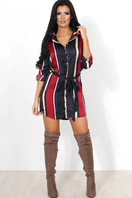 Tie-waist Shirt Dress-Lizzy Wine Striped Shirt Dress