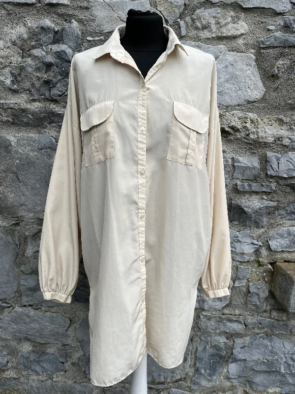 Women's High Neck Top -90s Long beige shirt uk 12-14