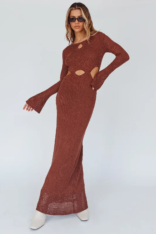 Women's Bohemian Style Maxi Dress-Long Sleeve Cut-Out Knit Maxi Dress Coffee