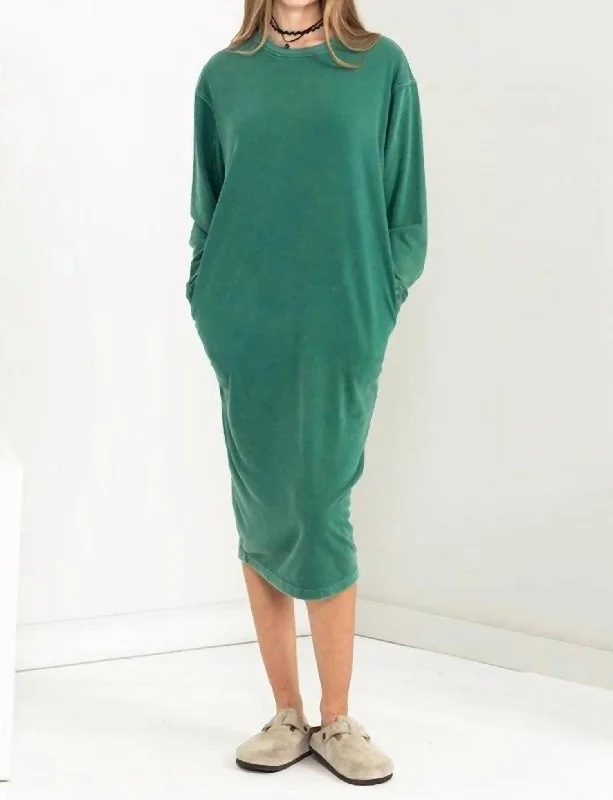 Bodycon Shirt Dress-Long Sleeve Midi Sweatshirt Dress In Pine Green