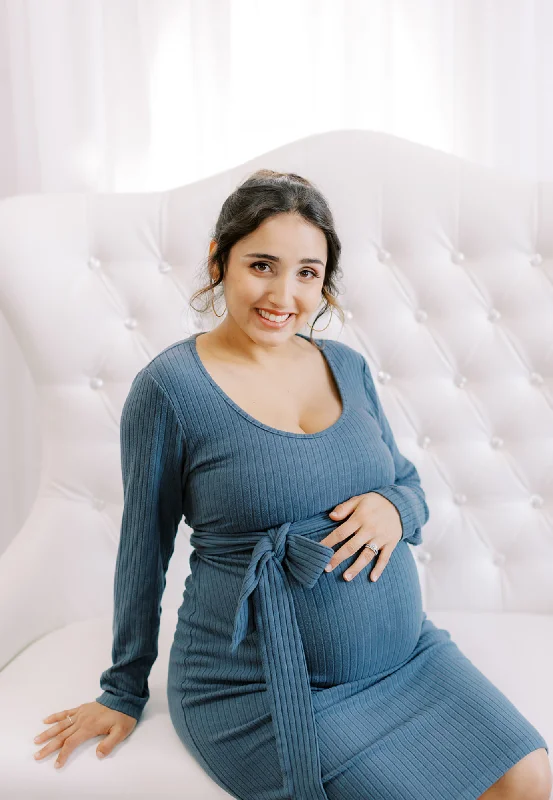 Vintage-Inspired Maternity Dresses -Long Sleeve Ribbed Tie Maternity Dress