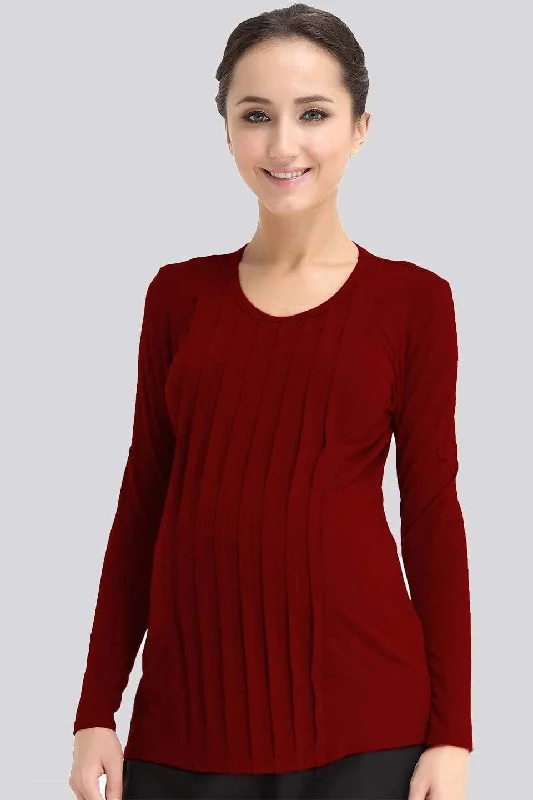 Women's Cool Casual Long Sleeve Shirt for Comfort -Long Sleeved Bamboo Cotton Venus Pleats Row Nursing Top Maroon Women's Cool Casual Long Sleeve Shirt for Comfort -Long Sleeved Bamboo Cotton Venus Pleats Row Nursing Top Maroon