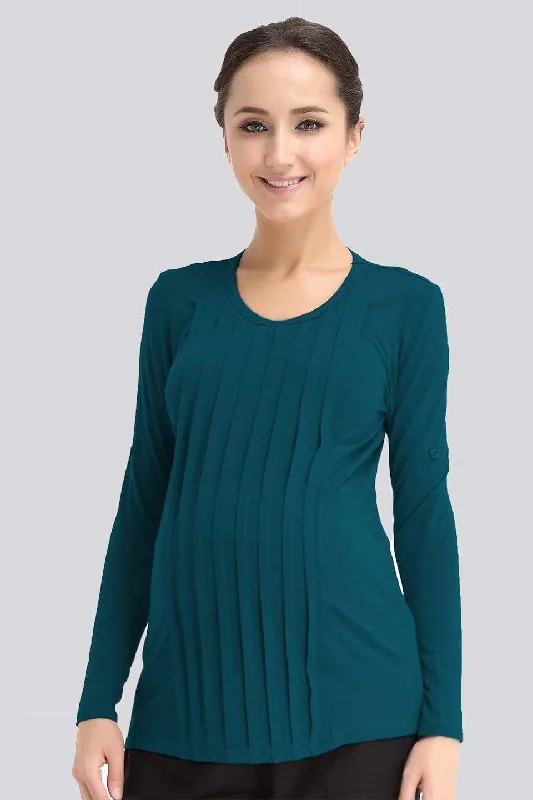 Women's V-neck Long Sleeve T-shirt for Casual Wear -Long Sleeved Venus Pleats Row Top Teal Women's V-neck Long Sleeve T-shirt for Casual Wear -Long Sleeved Venus Pleats Row Top Teal