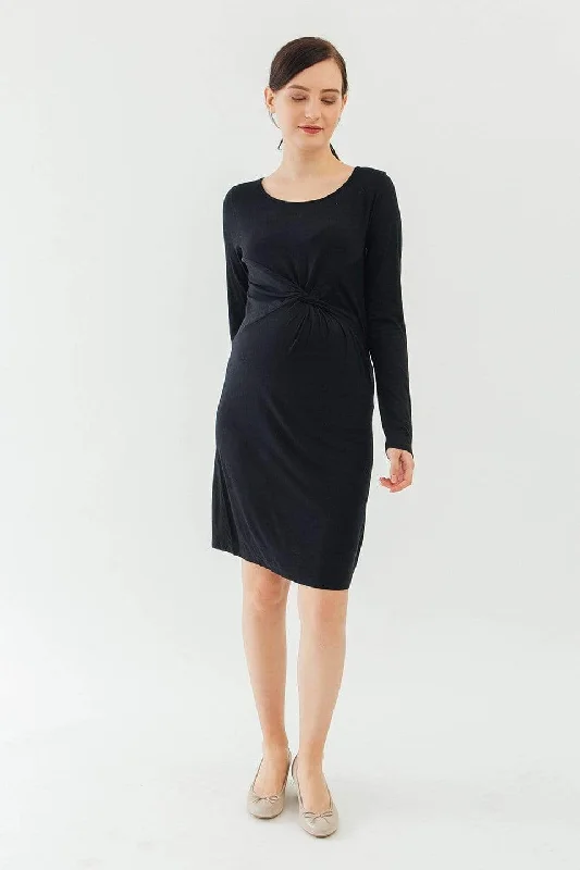 Maternity Dresses for Everyday Comfort -Long Sleeves Beatrisa Twisted Maternity Dress Black Maternity Dresses for Everyday Comfort -Long Sleeves Beatrisa Twisted Maternity Dress Black