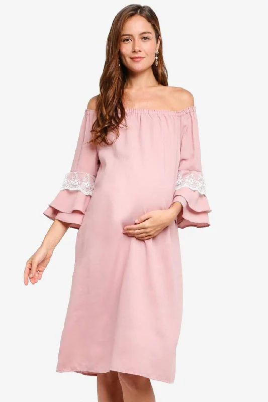 Maternity Dresses with High-Low Hemline -Long Sleeves Off-Shoulder Dericka Dusty Pink Maternity Dress Maternity Dresses with High-Low Hemline -Long Sleeves Off-Shoulder Dericka Dusty Pink Maternity Dress