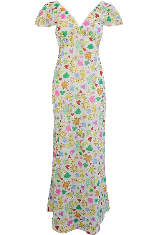 Women's Backless Maxi Dress-Long Summer Flutter Sleeve Maxi Dress Printed White