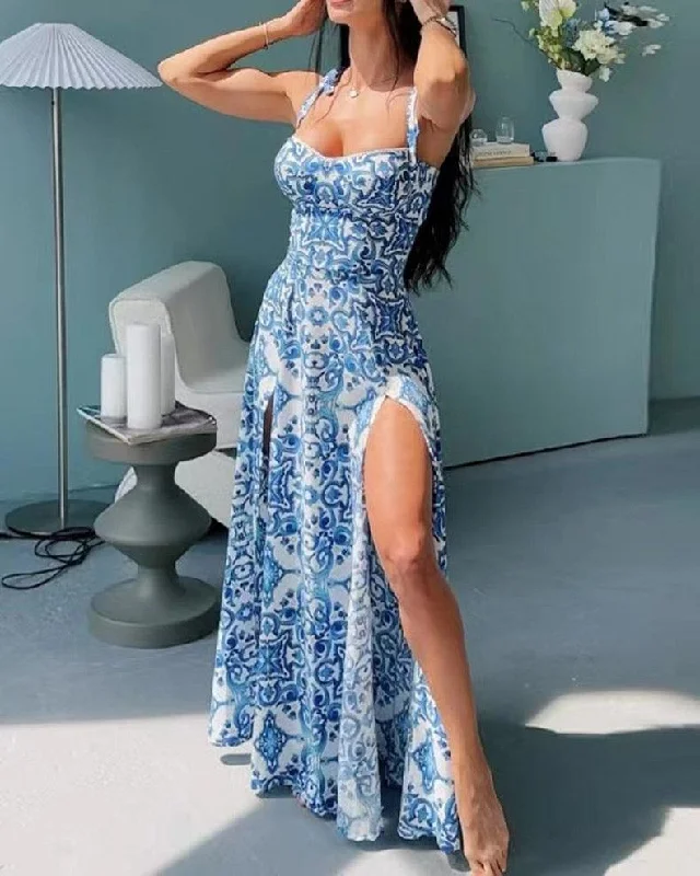 Women's Draped Maxi Dress-Louis Abstract Maxi Dress in Blue