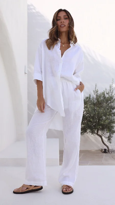 Women's Sheer Top -Lounge Linen Longline Shirt - White