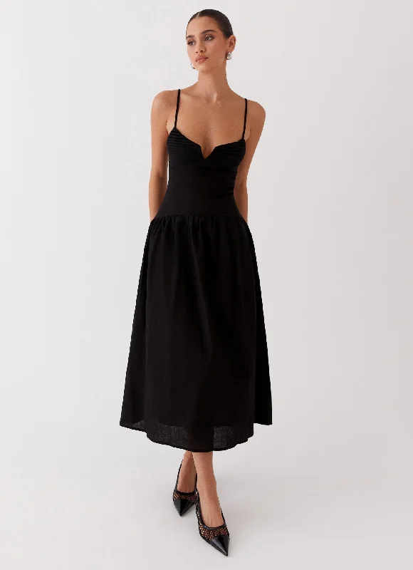 Women's Evening Wear Maxi Dress-Louvelle Linen Maxi Dress - Black