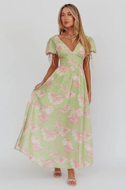 Women's Simple Maxi Dress-Loveberry Puff Sleeve A-Line Maxi Dress Green