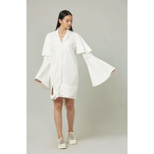 White Plaid Shirt Dress-Lucie inverted shirt dress with bell sleeves from certified organic cotton