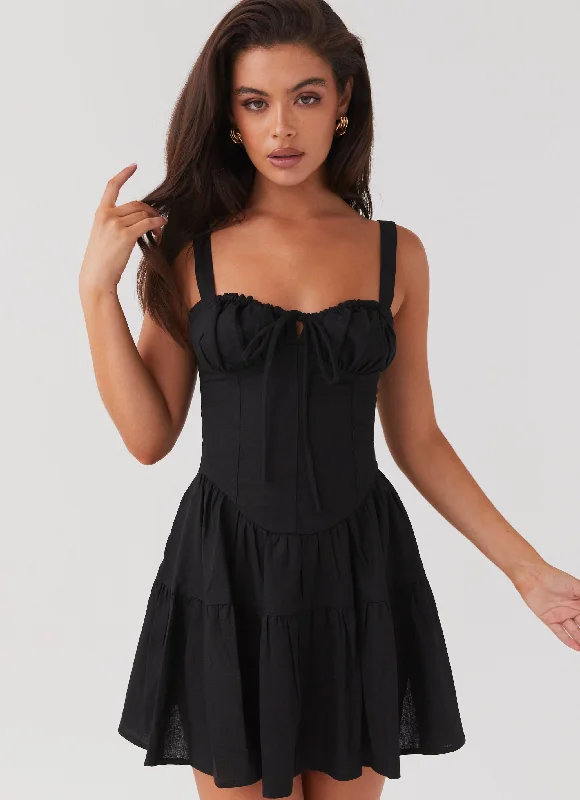 Women's V-neck Bodycon Mini Dress-Lucie Linen Mini Dress - Black