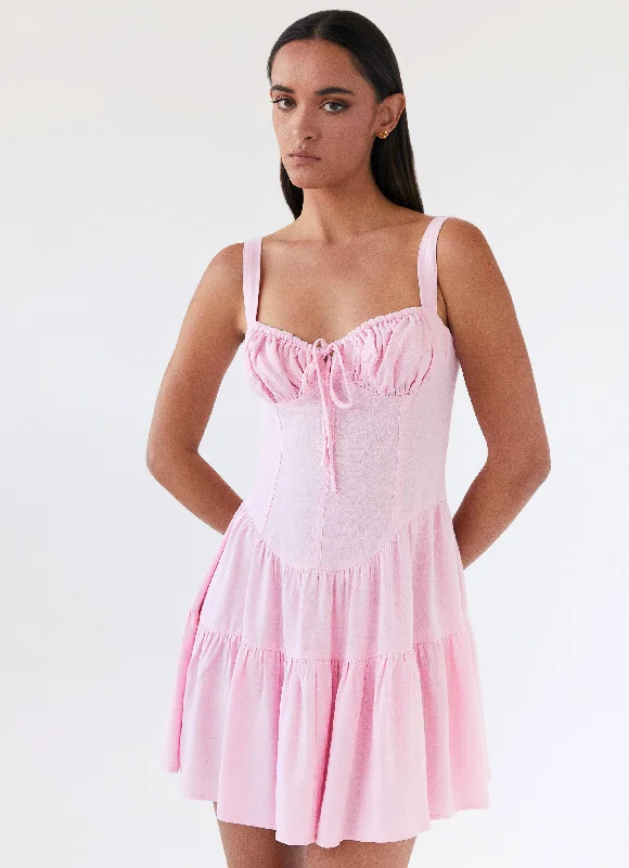 Women's Backless Lace Mini Dress-Lucie Linen Mini Dress - Pink