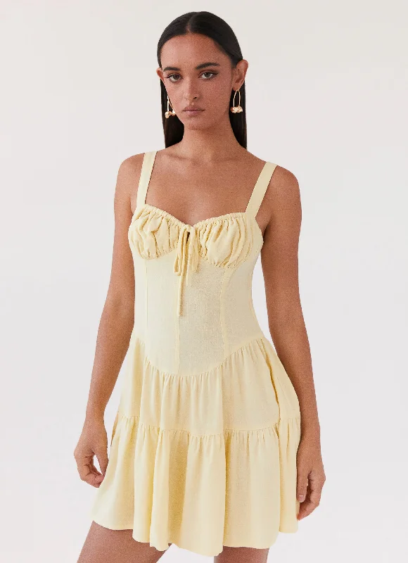 Women's Feather Detail Sleeveless Mini Dress-Lucie Linen Mini Dress - Yellow