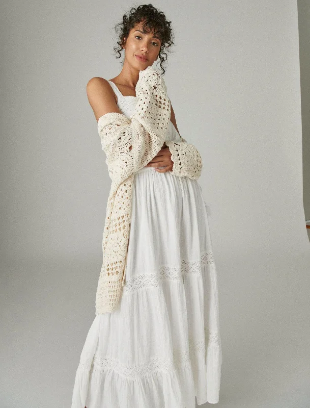 Women's Lattice Sleeve Maxi Dress-Lucky Brand Women's Lace Tiered Maxi Dress