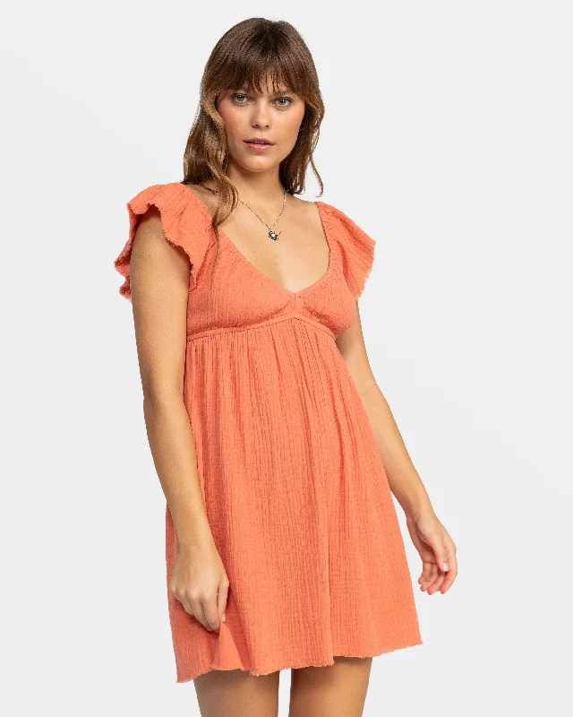 Women's Flower Print Mini Dress-Luna Flutter Sleeves Mini Dress - Apricot Brandy