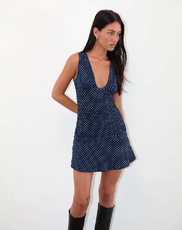 Women's Solid Wrap Mini Dress-Luscian Plunge Mini Dress in Micro Polka Navy