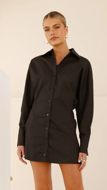 Elegant Plaid Shirt Dress-Lydia Shirt Dress - Black