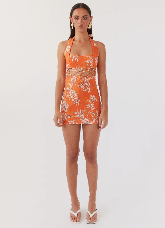 Women's Gold Satin Mini Dress-Lyra Linen Mini Dress - Tropic Sunset