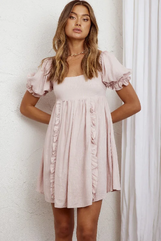 Doll Dress for Doll Photo Shoots -Macedonia Puff Sleeve Babydoll Dress Blush