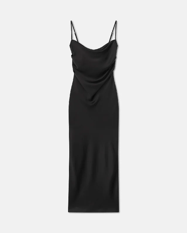 Velvet Slip Dress with Lace Detail -Off-shoulder Black Satin Slip Dress -Macia - Slip Satin Dress - Black