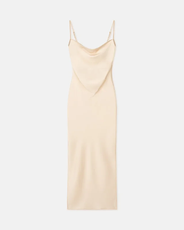 Soft Silk Slip Dress -Slip Dress with Velvet Details -Macia - Slip Satin Dress - Creme