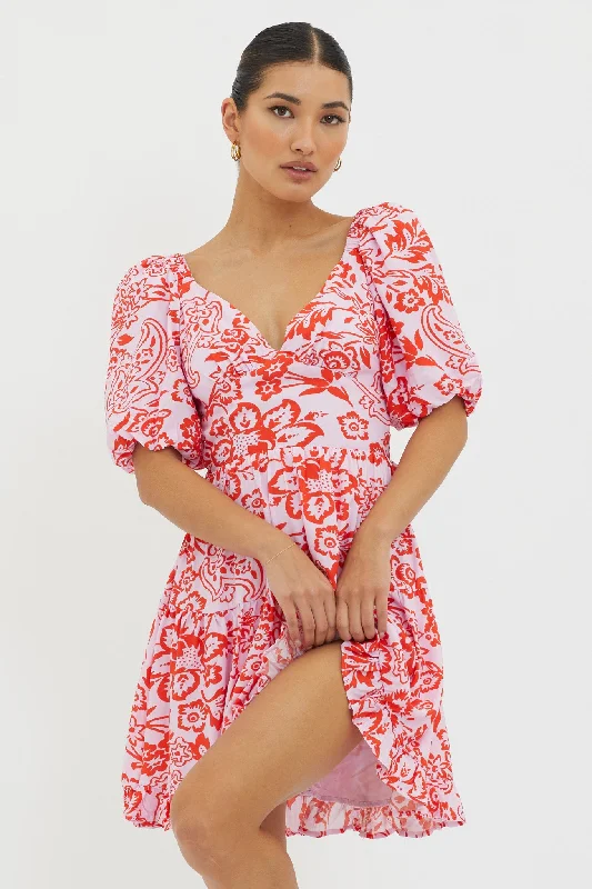 Women's Embroidered Detail Mini Dress-Madrid Summer Tied Back Mini Dress Print Lilac Women's Embroidered Detail Mini Dress-Madrid Summer Tied Back Mini Dress Print Lilac