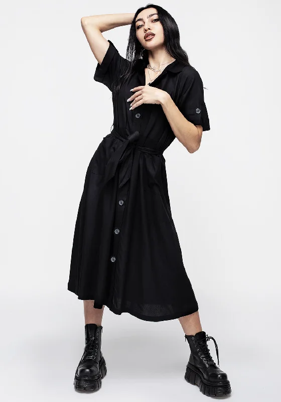 Elegant Plaid Shirt Dress-Maidenhair Midi Short Sleeve Shirt Dress - Midnight Black