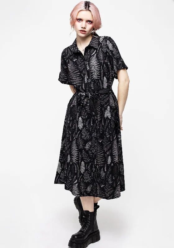 Button-up Check Shirt Dress-Maidenhair Midi Short Sleeve Shirt Dress