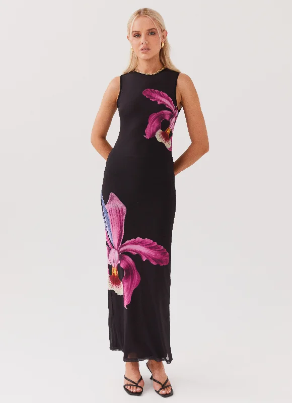 Women's Knit A-line Maxi Dress-Main Moment Mesh Maxi Dress - Cosmo Floral