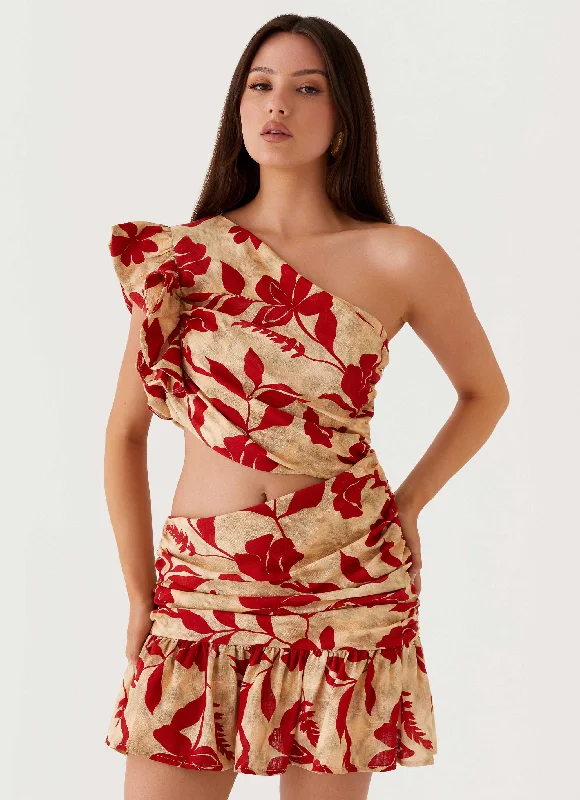 Women's Lace Sleeve Mini Dress-Maisie Linen Mini Dress - Red Green Floral