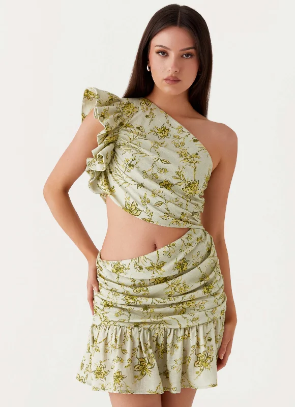 Women's Open Shoulder Mini Dress-Maisie Linen Mini Dress - Sage Floral