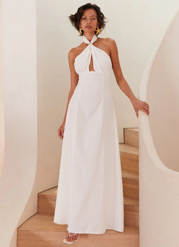 Women's V-neck Spaghetti Strap Maxi Dress-Maison Linen Maxi Dress - White