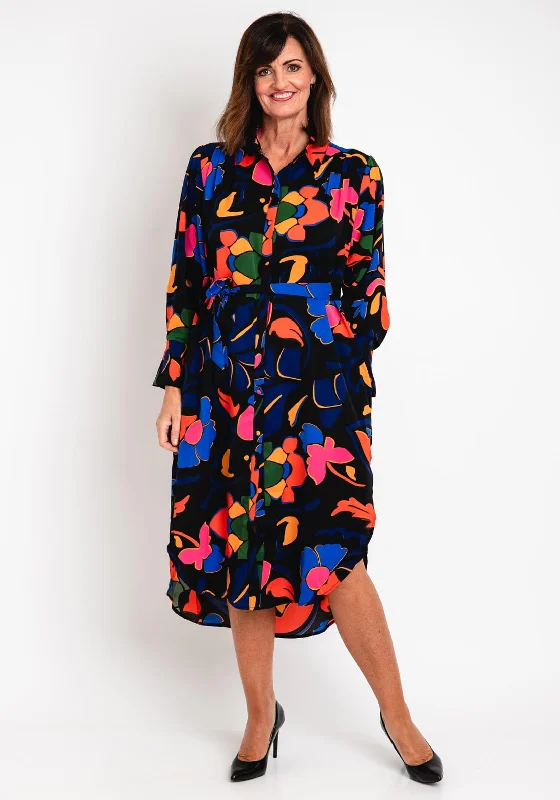 Elegant Shirt Dress for Office-Malissa J One Size Bold Print Shirt Dress, Black