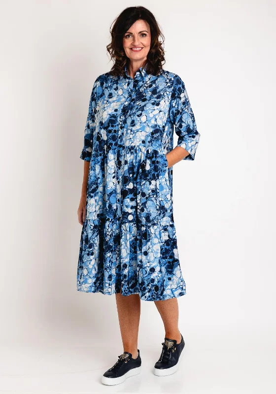 Woolen Plaid Shirt Dress-Masai Mydilla Printed Smock Midi Shirt Dress, Blue