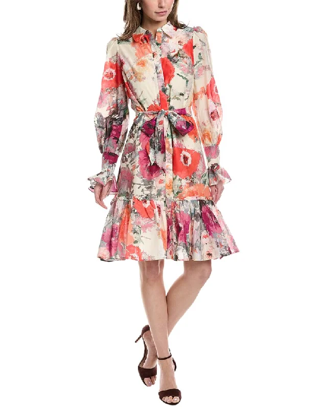 Women's Button-up Long Shirt Dress-Marchesa Notte Altheda Silk-Blend Shirtdress