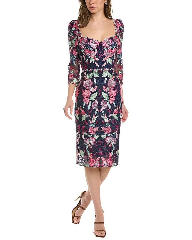 Sexy Black Bodycon Dress with Lace-up Detail -Marchesa Notte Embroidered Sheath Dress