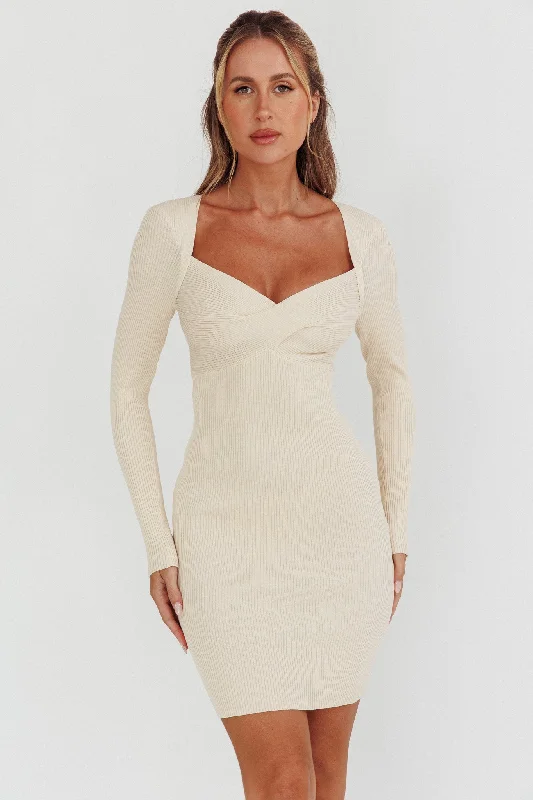 Women's Backless Bodycon Mini Dress-Maribeth Long Sleeve Ribbed Knit Mini Dress Cream Women's Backless Bodycon Mini Dress-Maribeth Long Sleeve Ribbed Knit Mini Dress Cream