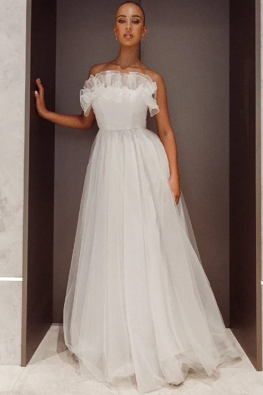 Wedding Dresses with High Neck for Modest Charm -Marietha Organza Frill Maxi Wedding Dress White Wedding Dresses with High Neck for Modest Charm -Marietha Organza Frill Maxi Wedding Dress White
