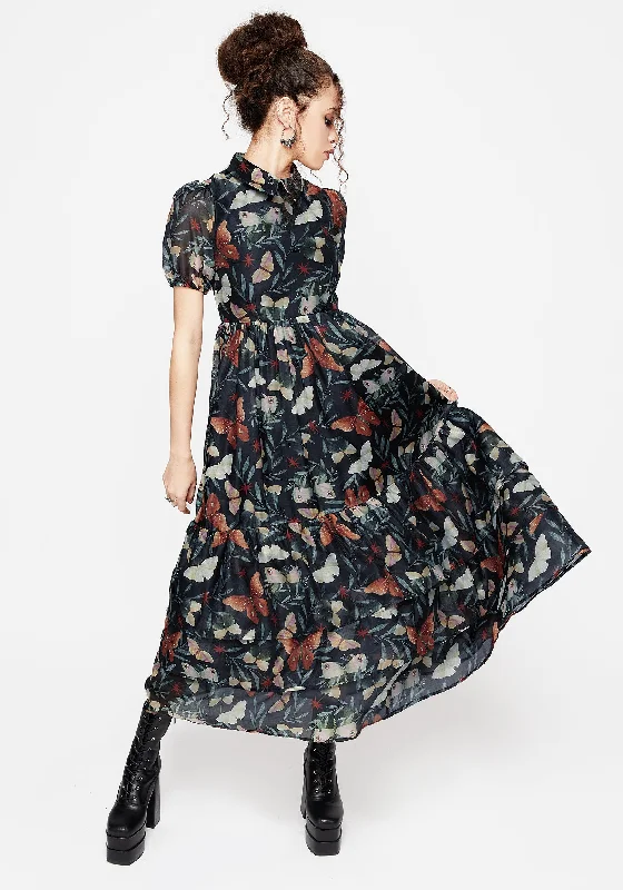 Classic Denim Shirt Dress-Mariposa Puff Sleeve Organza Maxi Shirt Dress