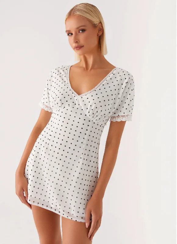 Women's High Neck Lace Mini Dress-Marlowe Mini Dress - White Polkadot