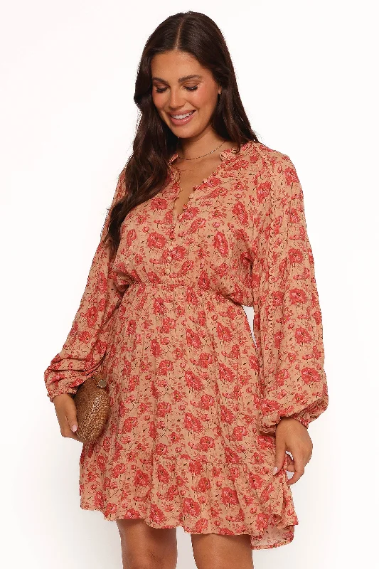 Women's Feather Detail Sleeveless Mini Dress-Marti Mini Dress - Tan Floral